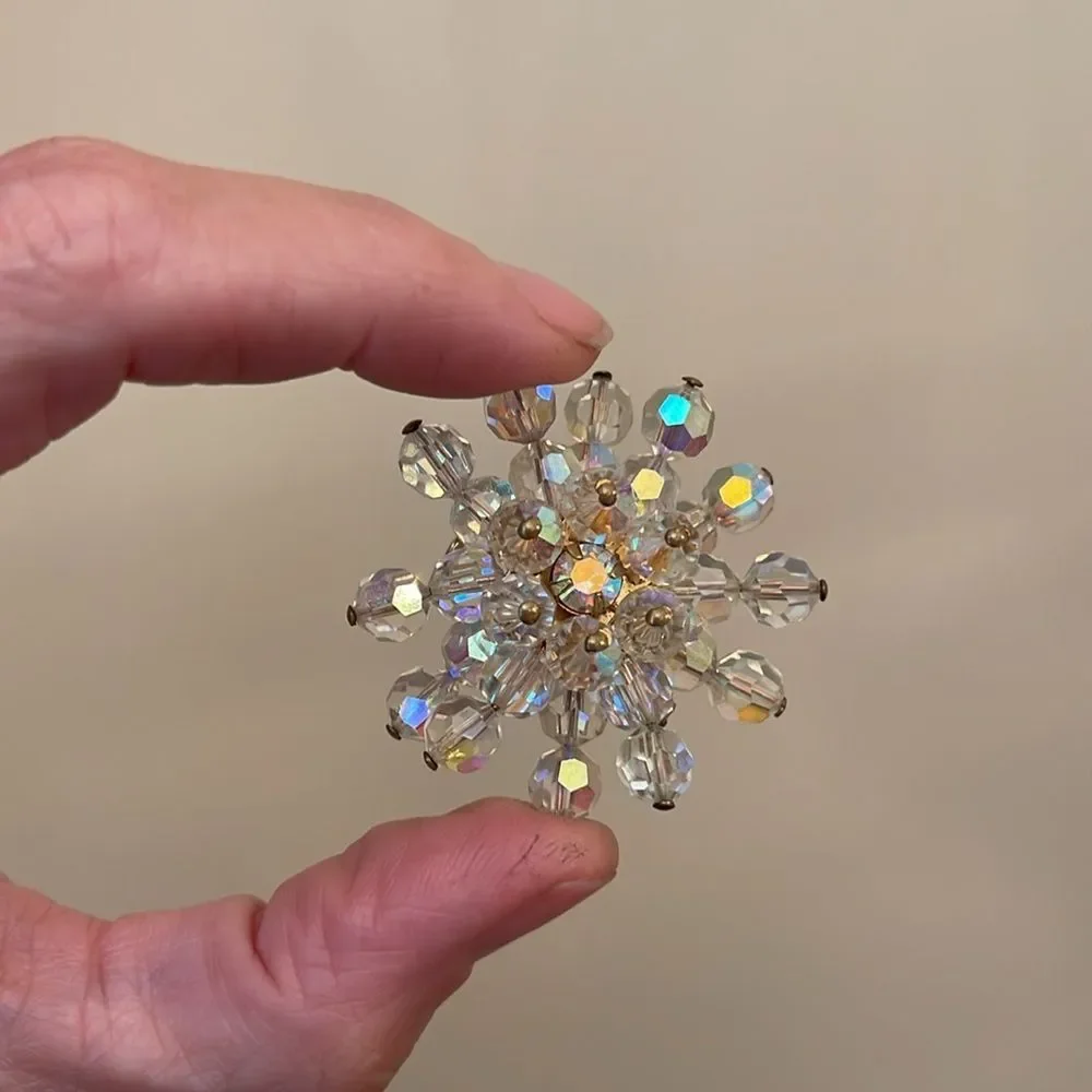 Vintage Aurora Borealis Crystal Bead Cluster Rhinestone Brooch Pin